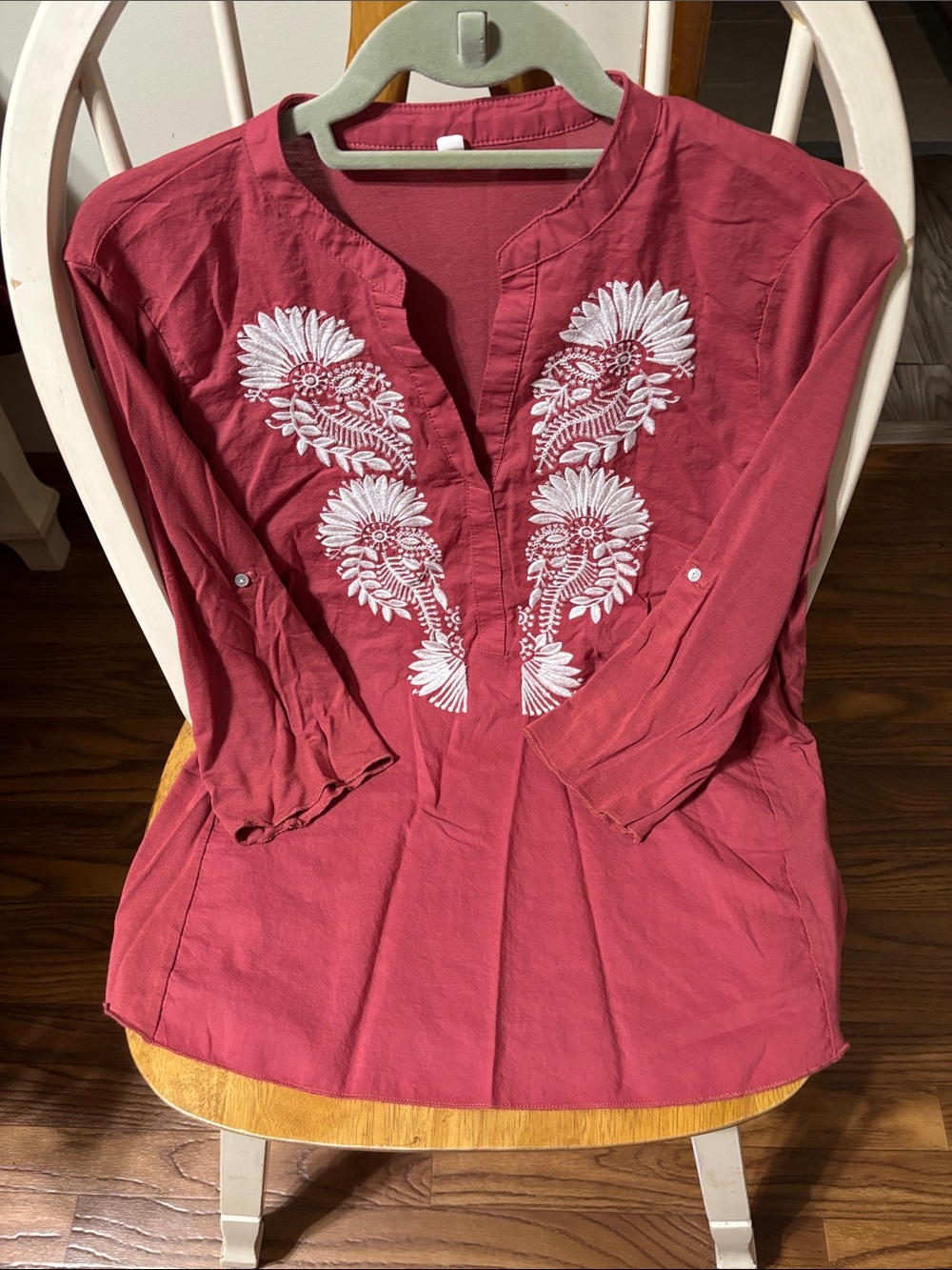 Embroidered Rose-Red Women's Tunic Top